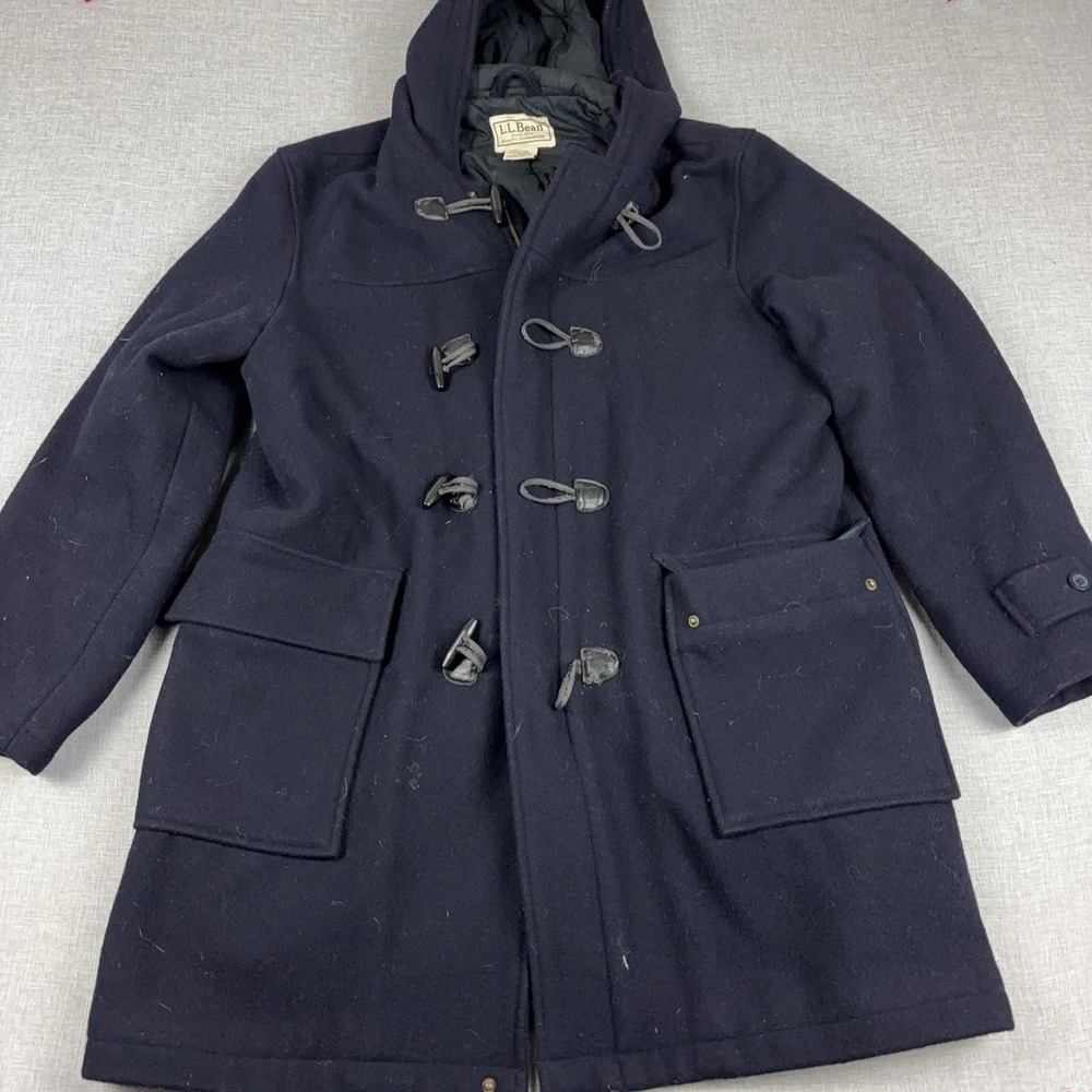 LL Bean 265681 Wool Duffle Coat Mens L Navy Hooded Toggle Insulated Long Parka